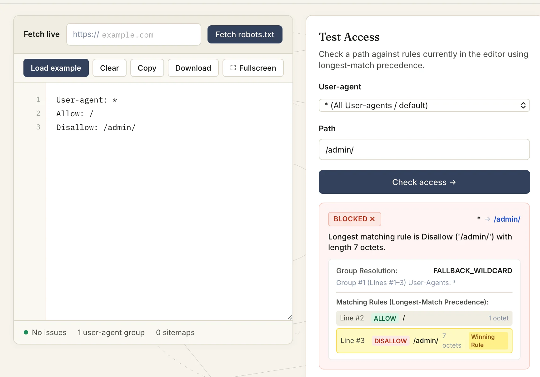 Allowing the whole site while blocking one specific path